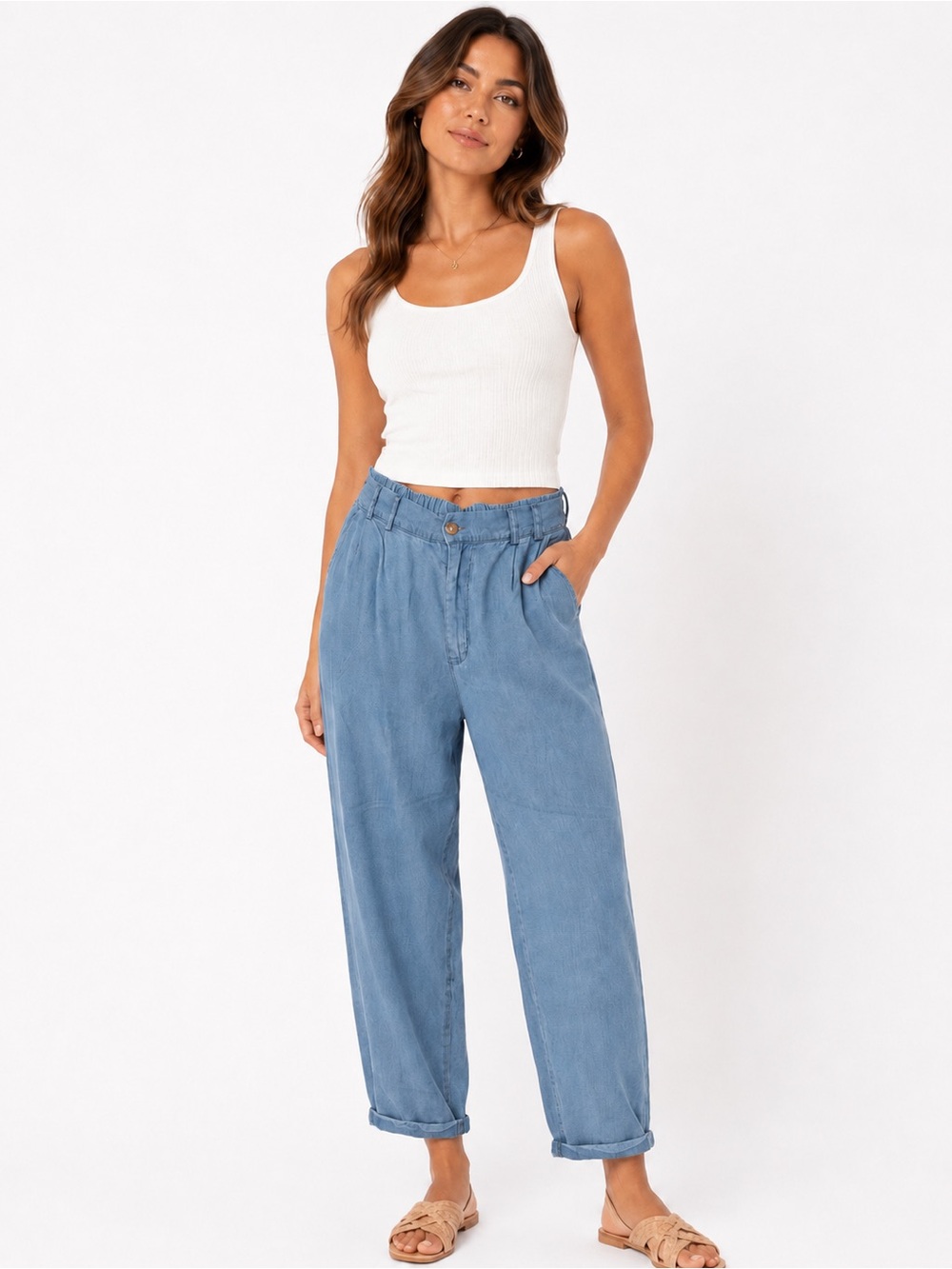 Cotton On Size 6 Light Wash Chambray Pleated Barrel Pants NWT